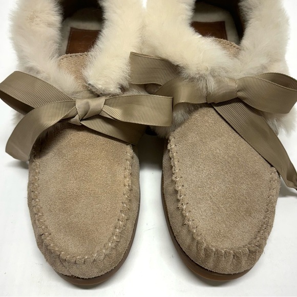 Tory Burch Aberdeen Split Suede Genuine Rabbit Fur Trim Slipper Natural/Camel 7 - Picture 6 of 17